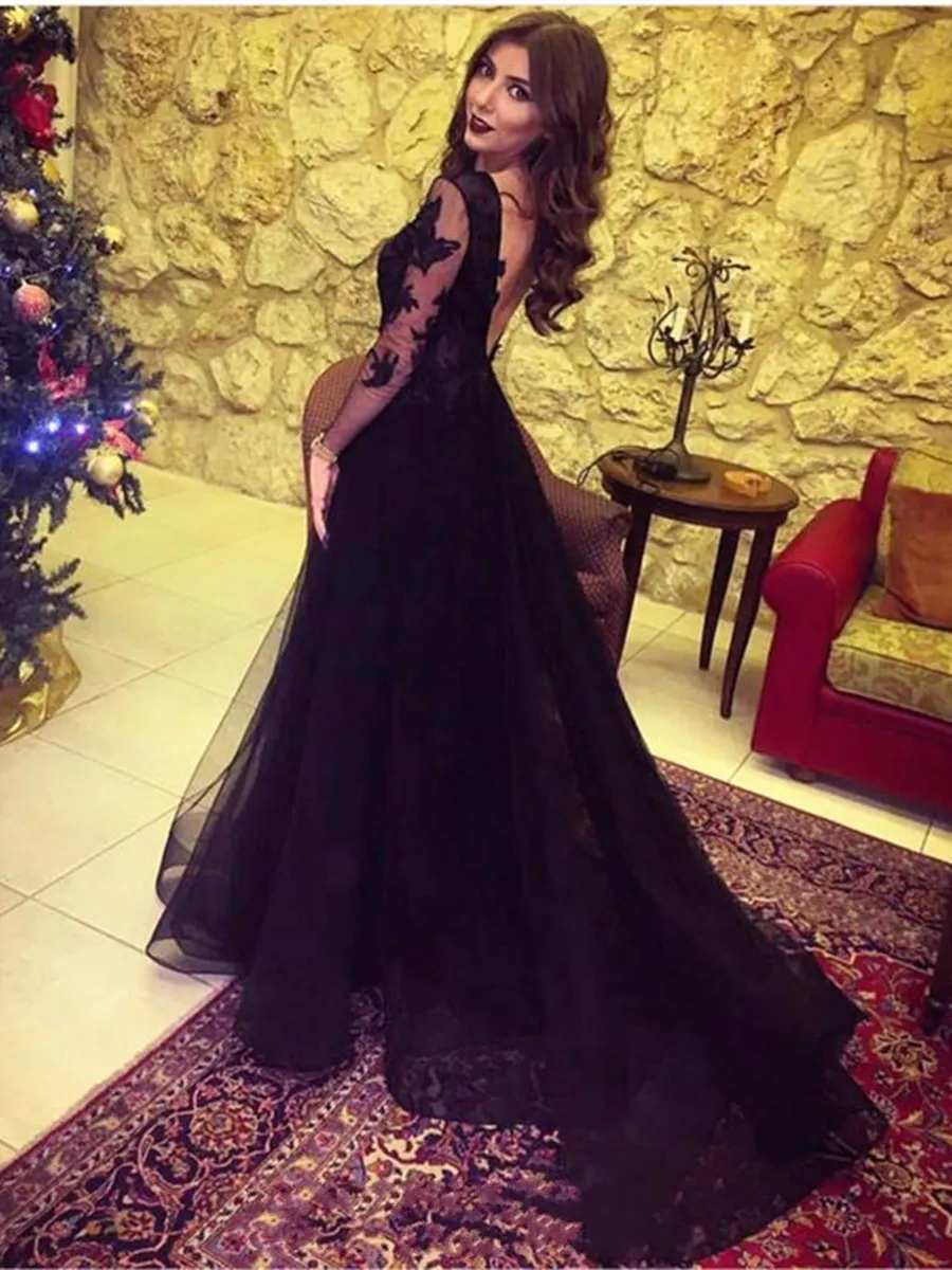 Sexy Black Chiffon Slits Cheap Prom Dress V neck With Illusion Long Sleeves Lace Applique Empire Waist Floor length Evening Formal Gowns