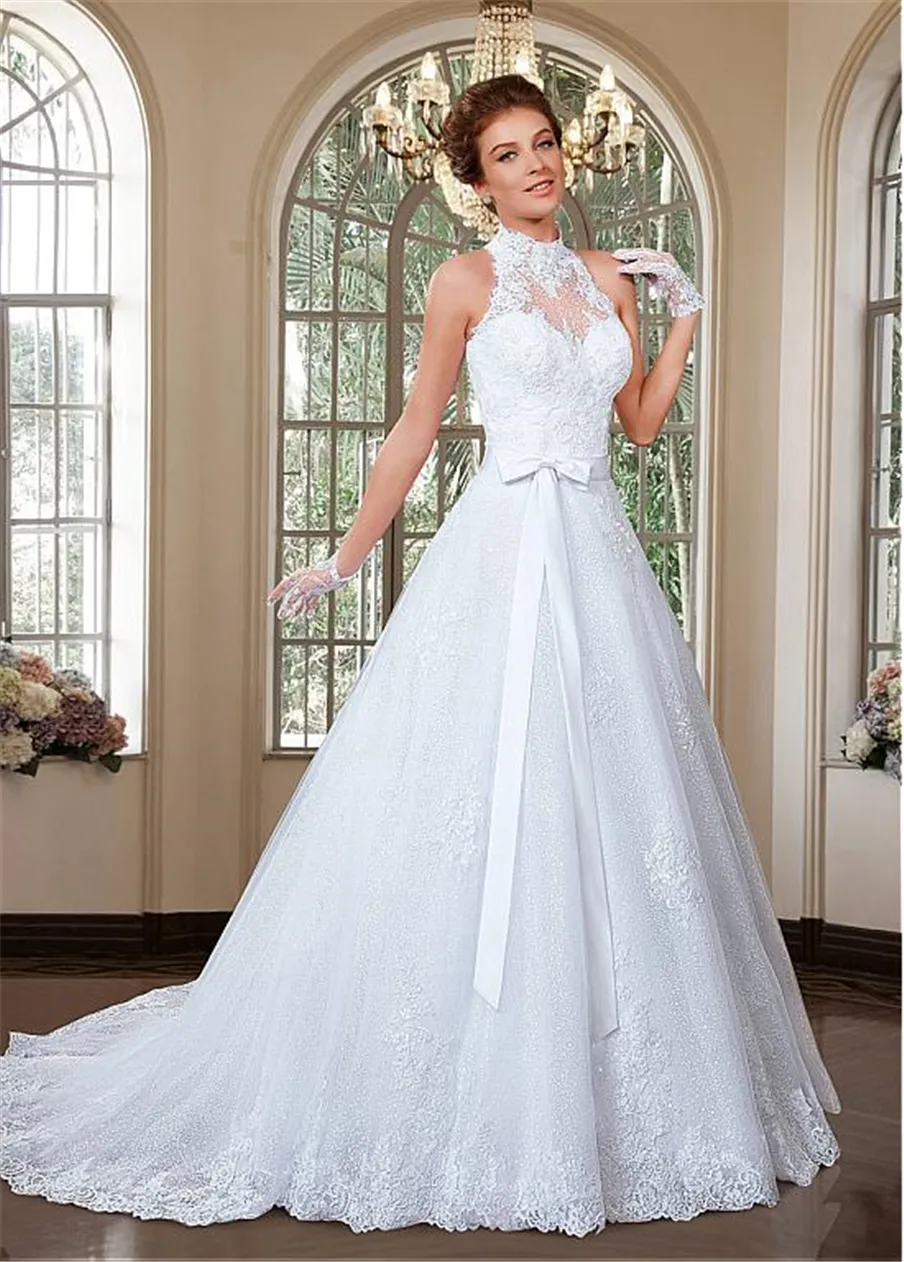 Fabuleux tulle col haut décolleté 2 en 1 robes de mariée avec appliques de dentelle perlée deux pièces avec ceinture robe de mariée robe de noiva