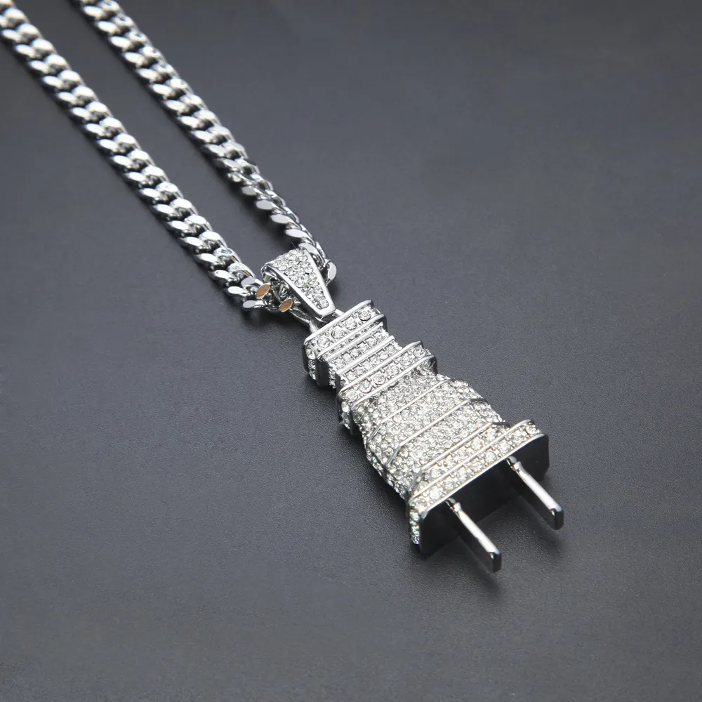 Iced Out Bling Men Micro Pave Full Rhinestone Plug Pendant Necklace Gold Silver Plated Charm Cuban Chain Hip Hop Jewelry261G1205965