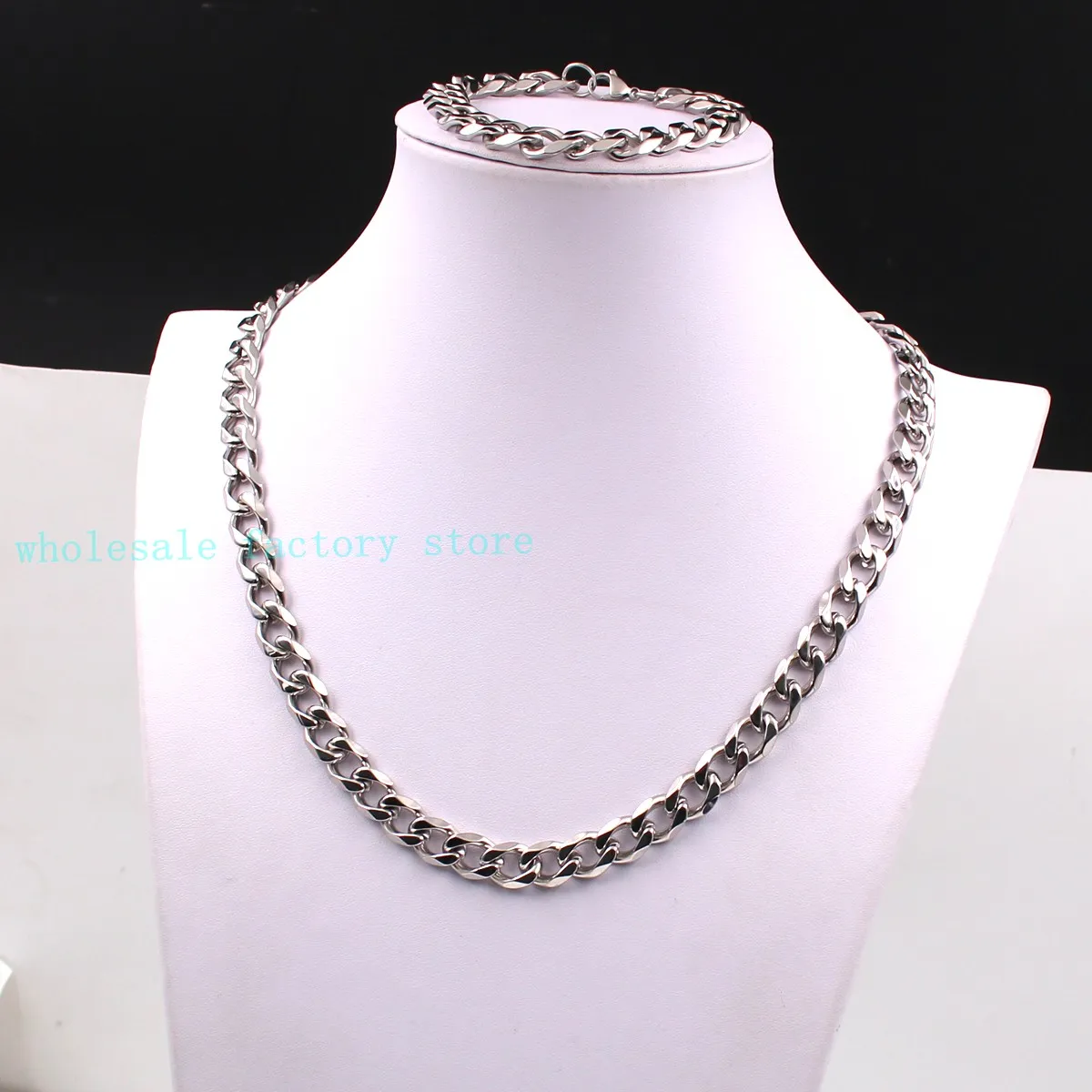 Silver Lobster Clasp High Polished Stainless steel 15mm Cuban Curb Link Chain 24'' Necklace + 8.66" Bracelet Set