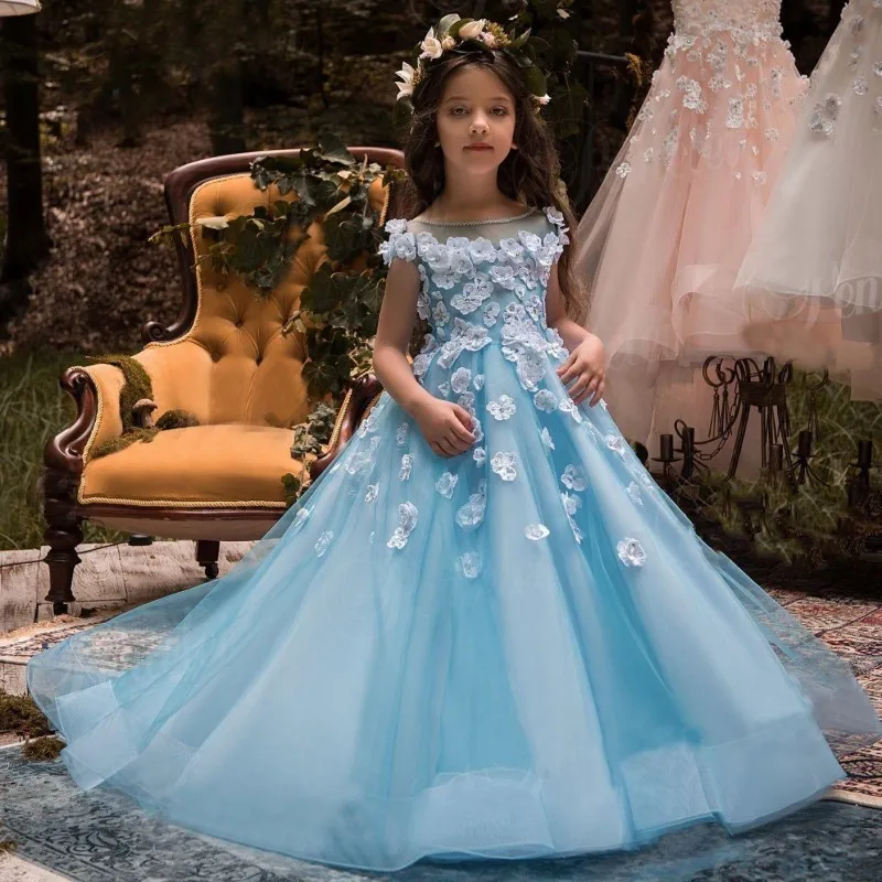 Buz Mavisi Sheer Boyun Çiçek Kız Elbise Düğün İçin Beyaz Flora Aplikler Kızlar Pageant Törenlerinde Hollow Geri Çocuk Doğum Günü Partisi Elbise