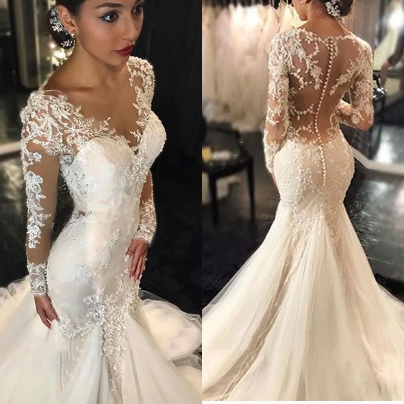 Vintage Mermaid Wedding Dresses Long Sleeves Lace Appliques Beaded Wedding Gowns Sweep Train Jewel Bridal Gowns