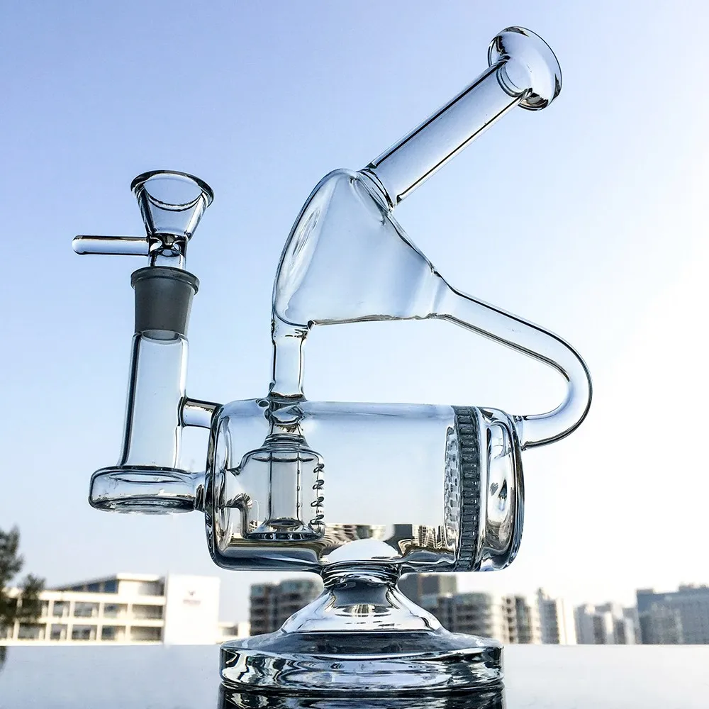 Óculos de vidro exclusivos Bong Clear Tubulação de água Recycler Dab Equador Pente e Inline Perccolator Petragócios Petróleo 14mm Joint Bongs com tigela