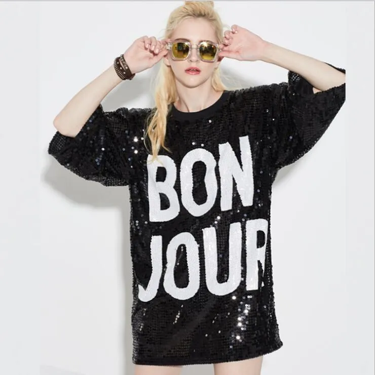 BON JOUR Women Tops Long Section Of The Sleeves Round Sleeve Collar Coat Nightclub Stage Sequins Costumes Fashion Tees