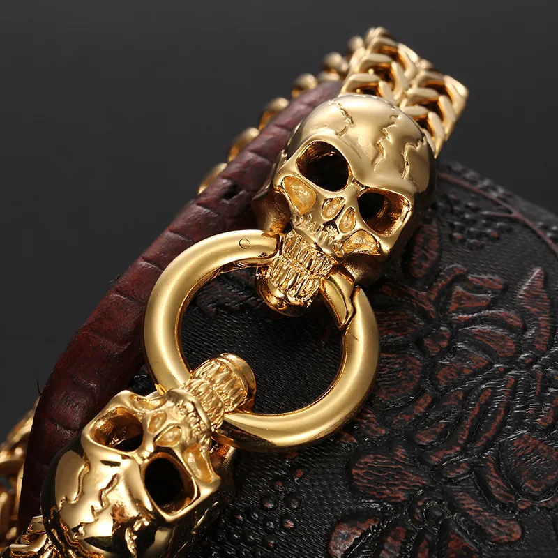 Regalos geniales para hombre, pulsera de cadena Figaro doble dorada de acero inoxidable para motorista, brazalete con cierre de cabezas de calavera de León y Lobo, 284w