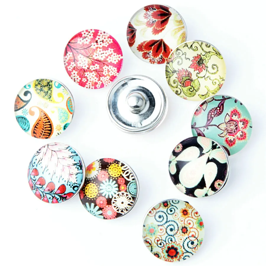 All'ingrosso-10 Pz / lotto Bel Fiore Bottone a pressione 18 MM Vetro rotondo Ginger Snaps Gioielli Fiore Snap Charm Fit Snap Bracciale NA12-088