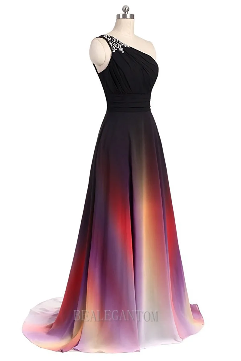 Sexy One Shoulder Ombre Lange avond Prom Dresses Chiffon Een lijn Plus Size Vloer-lengte Formele Partijjurk BM05