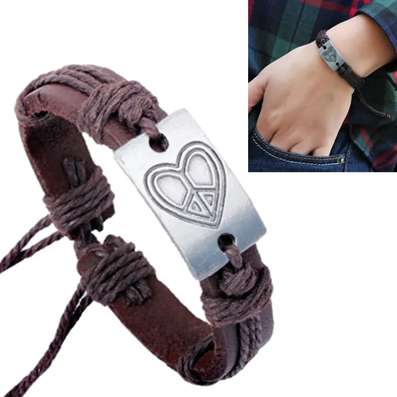 Retro zilveren legering liefde hart vrede teken gegraveerde bedelarmband voor mannen / vrouwen hand weven touw lederen polsband armband