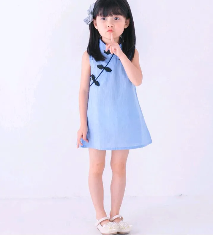 Estilo chinês meninas mini vestido crianças roupas de verão simples blusa vestido bebê cheongsam qipao cor vermelha rosa azul em 2755888