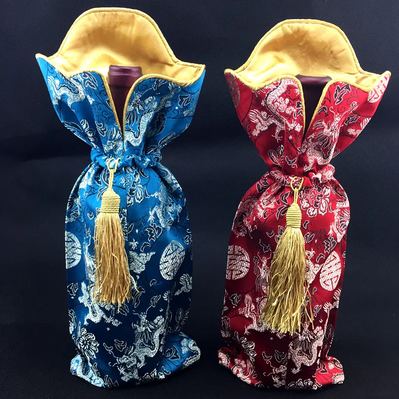 Hoge Kwaliteit Handgemaakte Kwastje Zijde Brocade Tas voor Chinese Knoop Wijnfles Cover Kleding Thuis Party Tafel Decoratie Fles Packaging Pouch