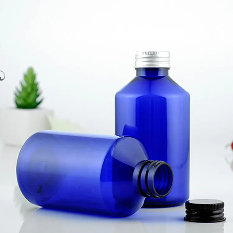 Bouteille vide en plastique bleue de 220ml, 30 pièces, bouchon à vis en aluminium, conteneur de Lotion de voyage, emballage pour cosmétiques, shampoing, huile de parfum