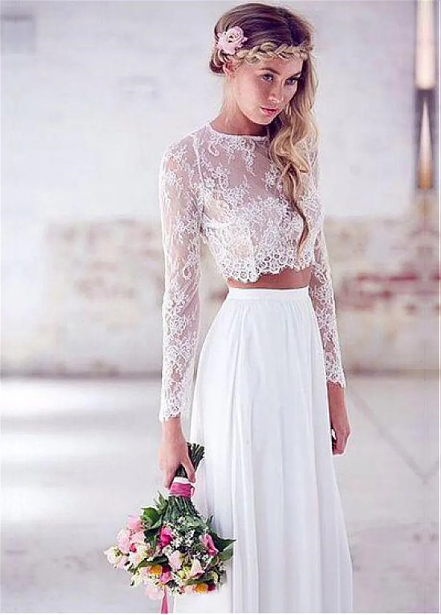 Graceful Lace & Chiffon Jewel Neckline See Through A Line Two Piece Wedding  Dress Long Sleeves White Bridal Dress Floor Length From 125,27 €