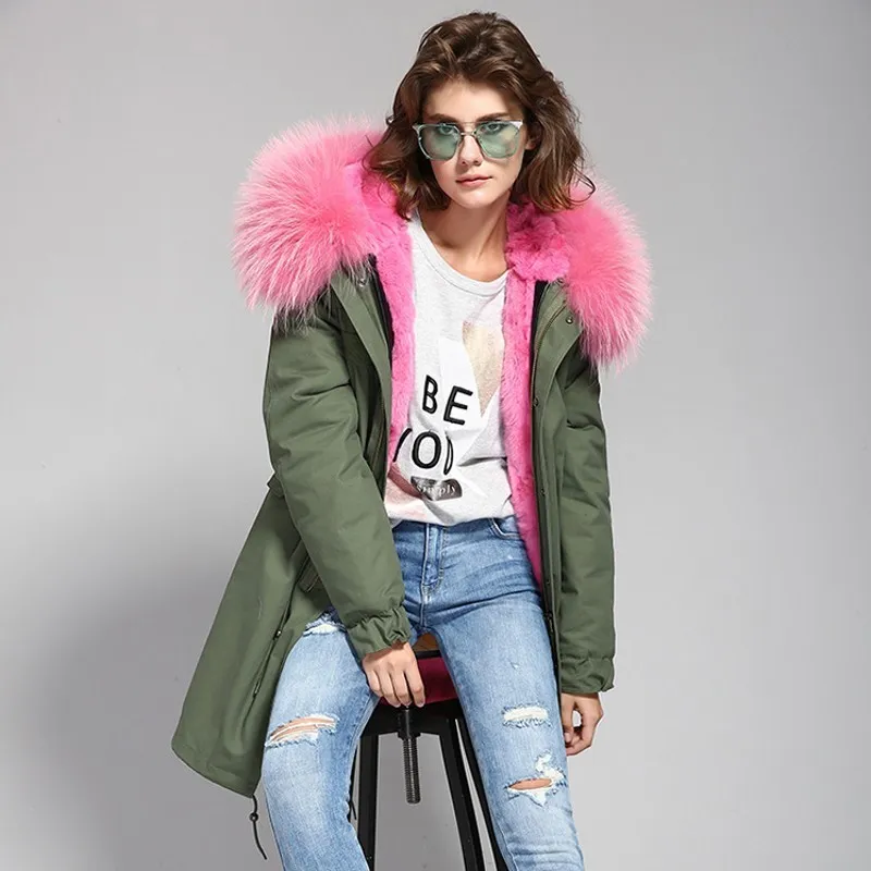 2017 new High quality fashion women luxurious big raccoon fur collar coat with rabbit wool hood warm winter jacket liner parkas long top