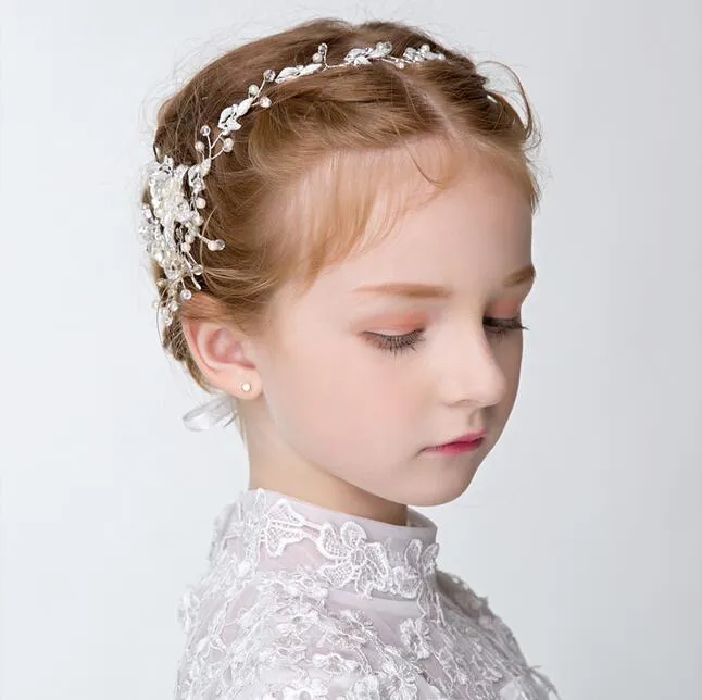 Handmade Pearls Crystal Gold Silver Girls Head Pieces Children Hair