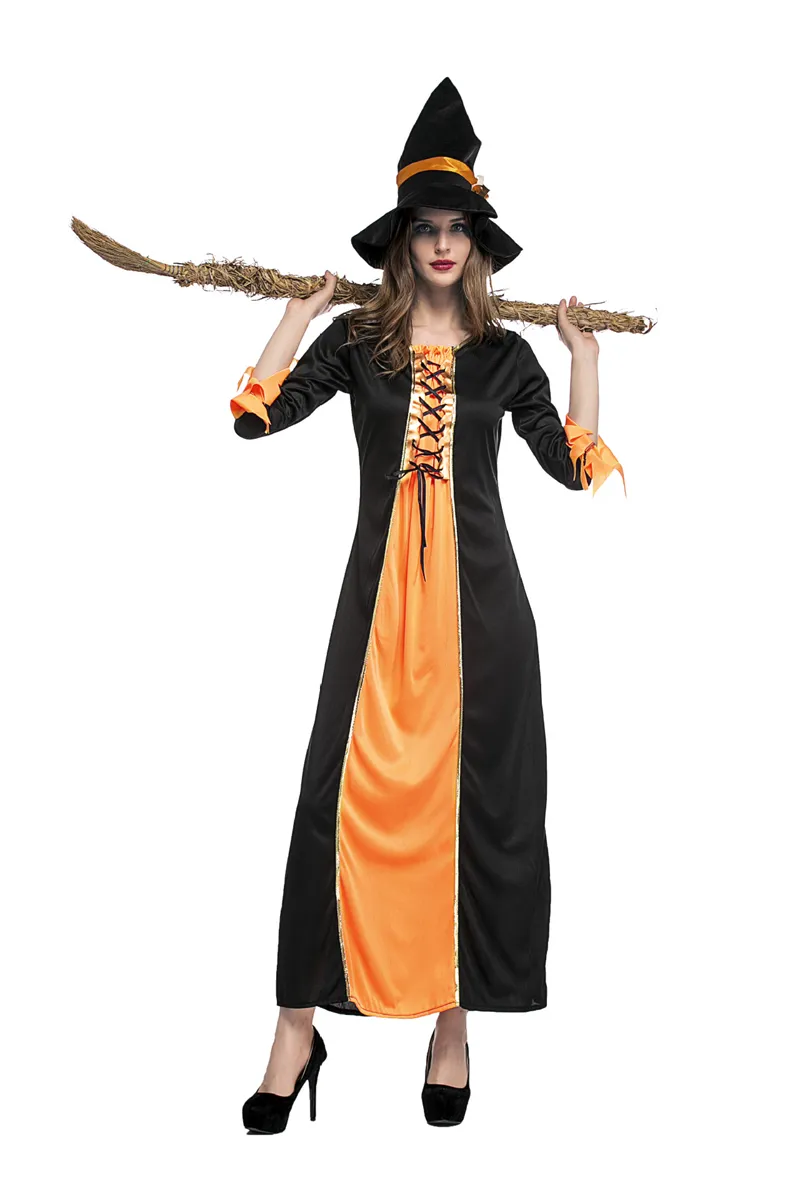 Kobiety Czarownica Pomarańczowa Długa Dress Dyni Kostium Sexy Halloween Party Cosplay Dress Enchanter Magic Sukienka Z Kapeluszem