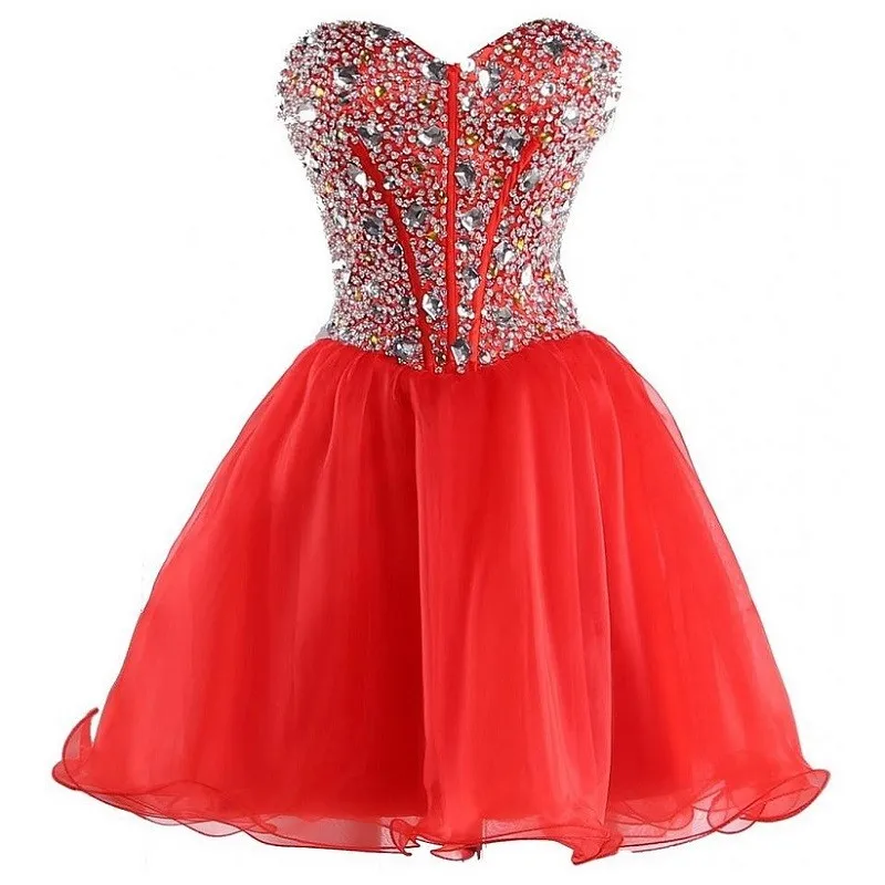 Red Dress Cheap Party Gown Short Mini Wear Crystals Beading Lace Up Back Sequin Dress Sleeveless Sweetheart Neck Custom Sweet 15 D5822191