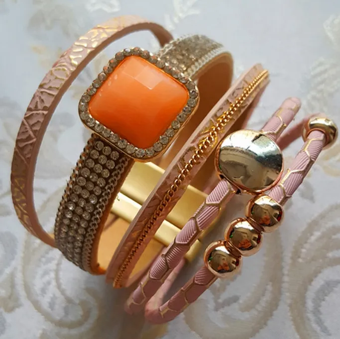 New Gem Rhinestone Magnetic Leather Bracelets Bangles Bohemian Handmade Multilayer Wrap jewelry Women gift pulseira