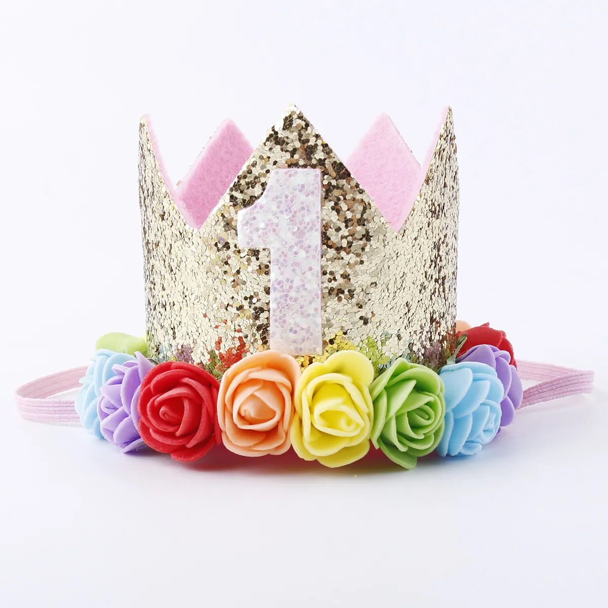 Hot New Baby 1st Birthday Sparkly Party Crown Artificial Pink och Creamy Rose Flowers Tiara Headband HJ145