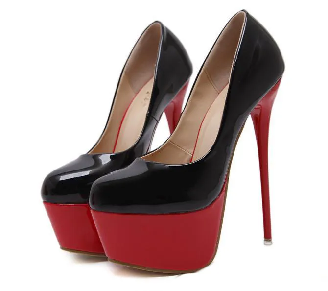 Chaussures de mariage sexy à talons aiguilles pour femmes, escarpins à plateforme, rouge et noir, tailles 34 à 40, 16cm