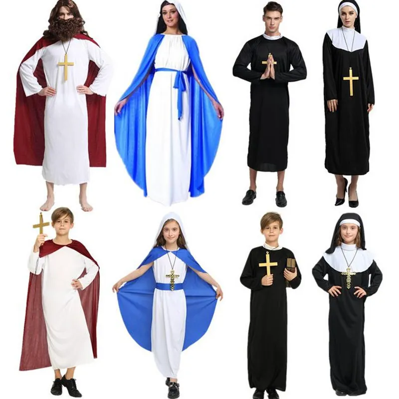 Garçons Filles Adultes Prêtre Soeur Jésus Clergyman Vierge Marie Cosplay Costume De Scène Vêtements Halloween Party Supplies