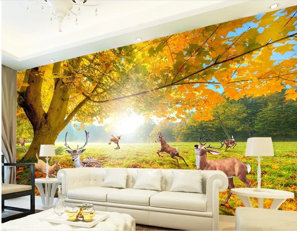 Luxe Europese moderne bosboom herten herten TV muurschildering 3d behang 3d behang voor tv achtergrond
