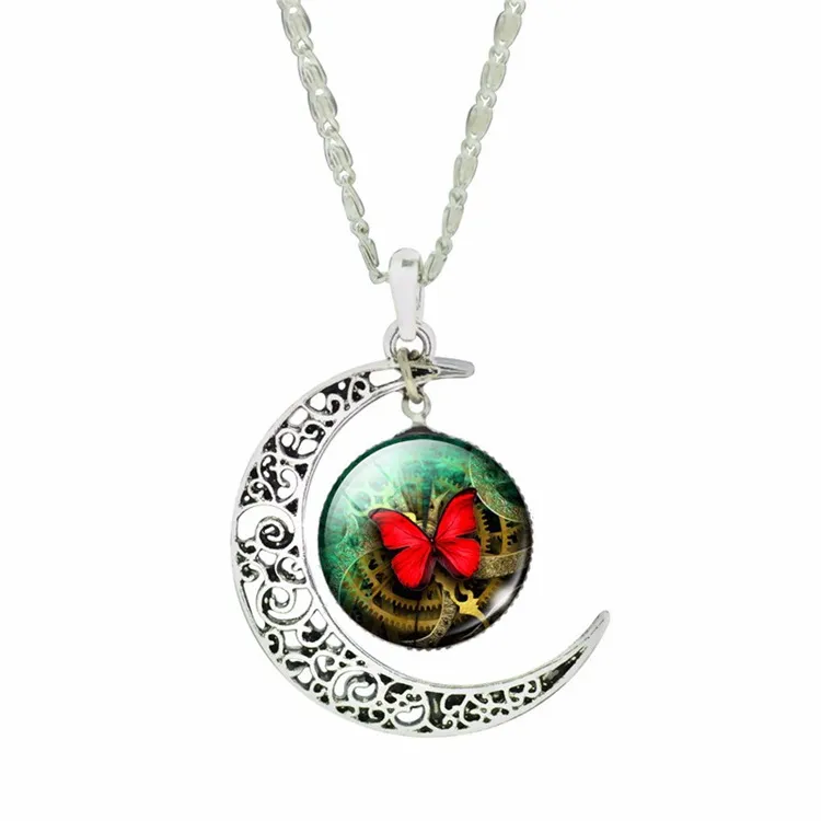 Ny ankomst new moon ädelsten halsband heta fjäril glas hängsmycke ornament wfn574 med kedja mix ordning 20 bitar mycket