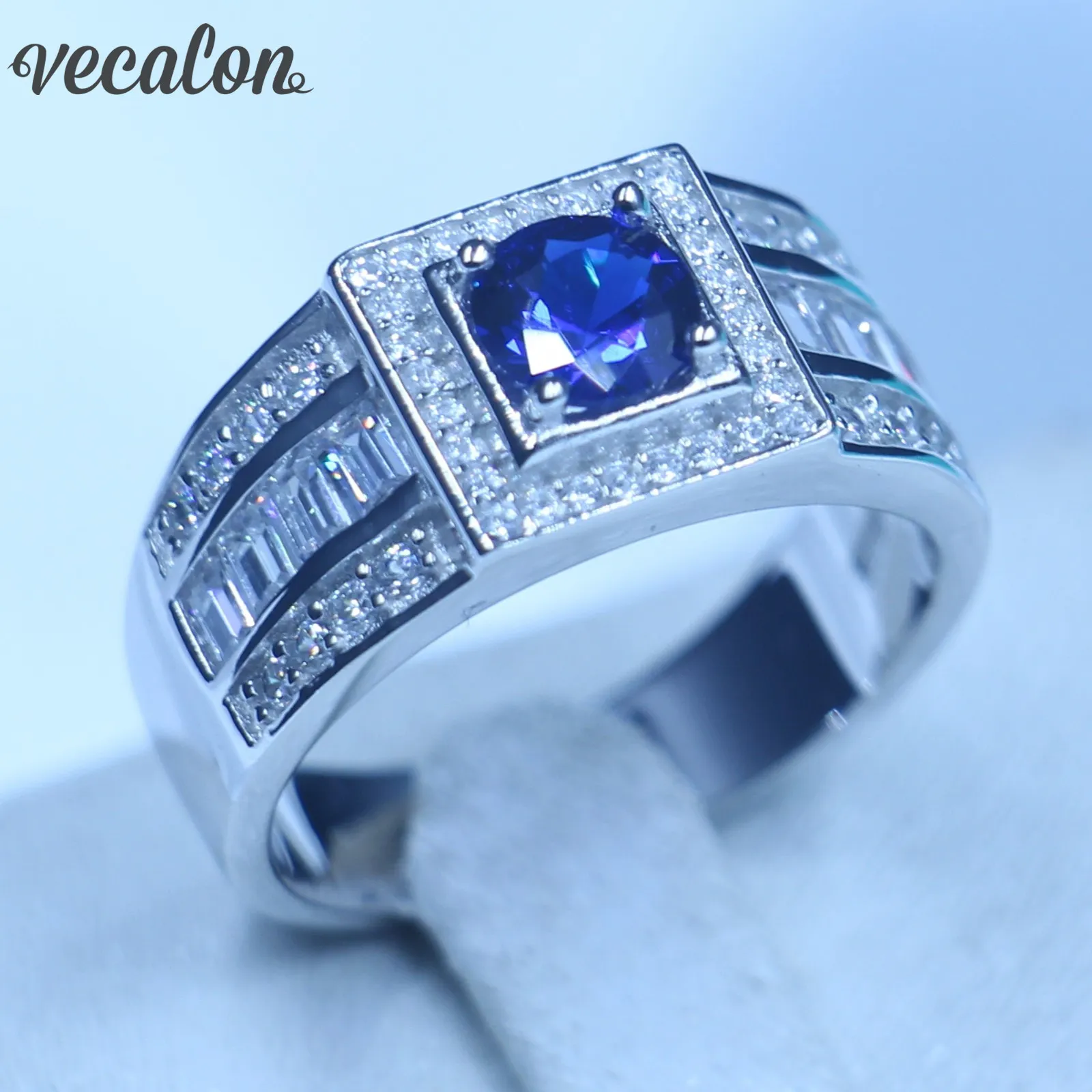 Real Soild 925 Sterling Silver Bröllop Band Ringar För Män 1ct Blue Tanzanite CZ Man Party Finger Ring Fina smycken