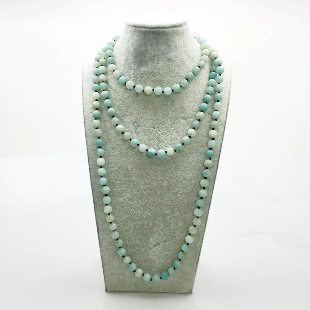 ST0346 Haute Qualité AB + Amazonite Collier 60 pouce Noué Naturel Pierre Collier De Mode Bijoux De Yoga Meilleur Cadeau Pour Elle