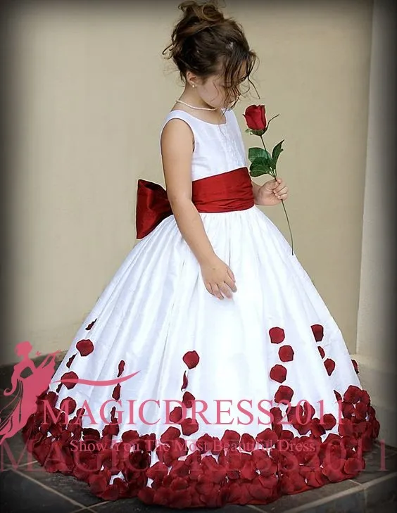 2019 Crew Neck Ball Gown Floor Length Flower Girls' Dresses Wine Red and White Little Girls' Pageant Gowns First Communion Dresses Cute