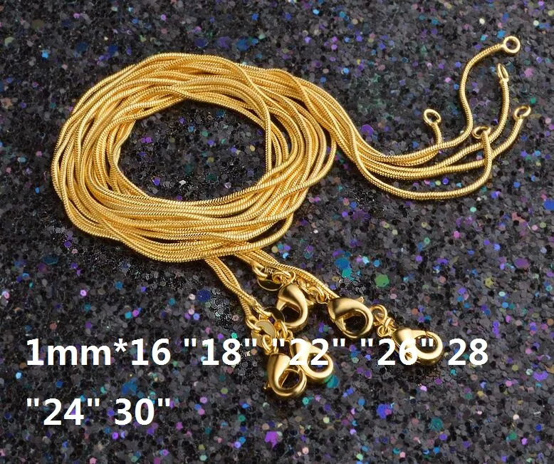 Collar con colgante de cadena de serpiente de oro de 18 quilates, collar de hueso de 1mm * 16 "18" "22" "26" 28 "24" 30 ", cierres chapados en oro, etiqueta de 18KGP, 10 Uds.