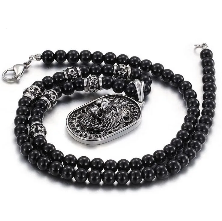 Punk Black Glass Bead Link Chain Lion Pendant ketting Mannen vrouwen Zwart Rijnbootgouden Goudzilver 316L roestvrijstalen trui ketting ketting sieraden sieraden