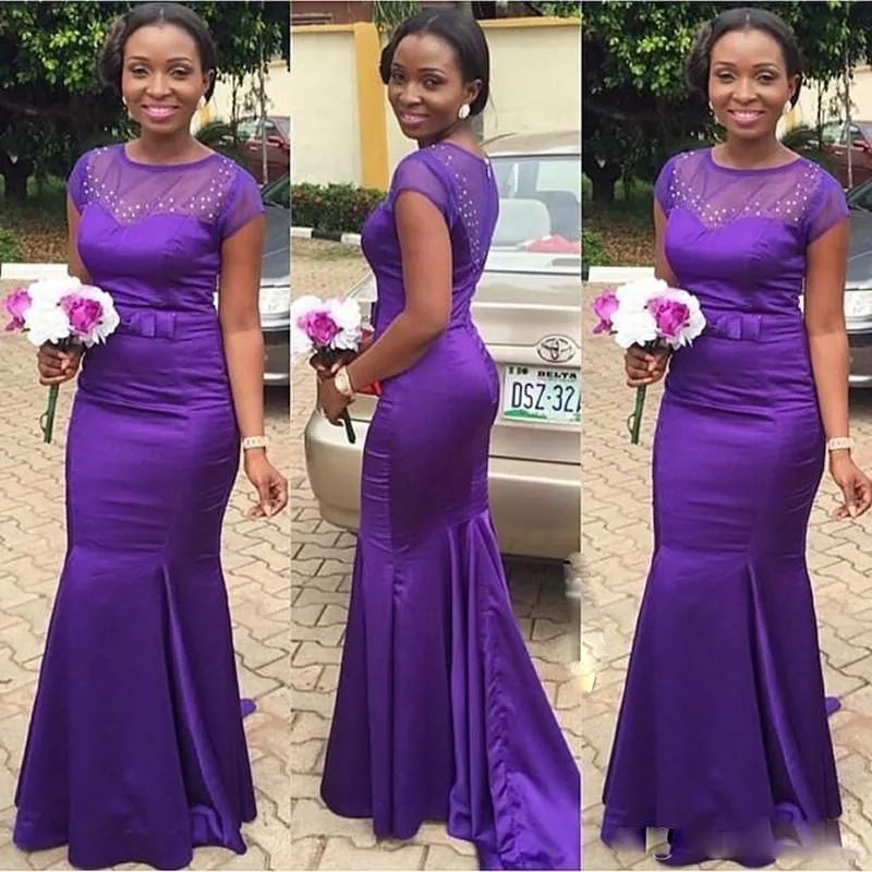 2017 South African Long Mermaid Purple Bridesmaid Dresses Fahsion Short Sleeve Beaded Bow Satin Floor Length Party Gowns Nigeria C8541378