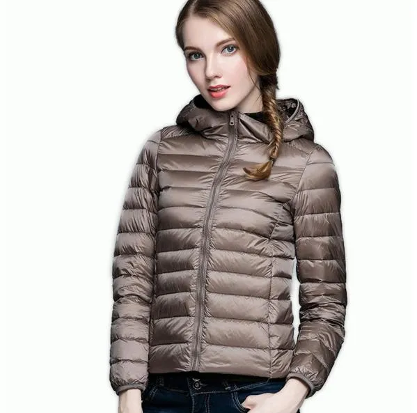 Зимние весенние женщины 90% белая утка вниз куртка женщина с капюшоном ультра светлые куртки теплое наружное портативное пальто Parkas Eartwear женщина