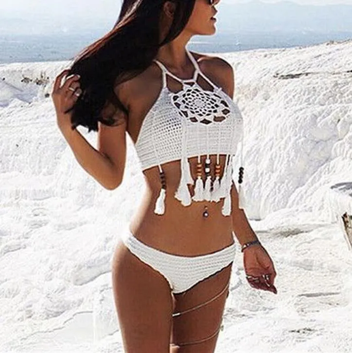 New Summer Bohemian Womens Halter Weave Costume da bagno all'uncinetto Tankini Bikini Set Nappe Bikini lavorato a maglia Triangolo Costumi da bagno Costume da bagno