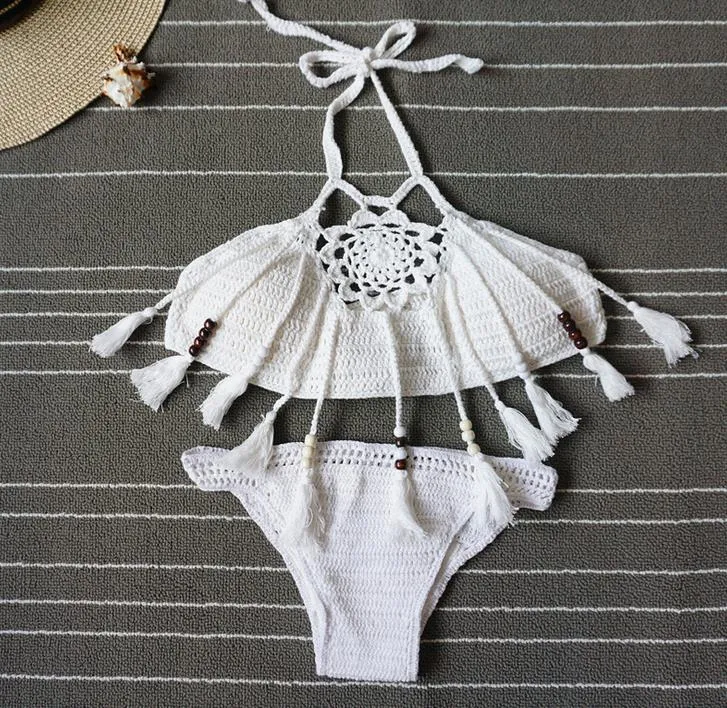 Yeni Yaz Bohemian Bayan Halter Dokuma Tığ Mayo Tankinis Bikini Seti Püsküller Örme Bikini Üçgen Mayo Mayo