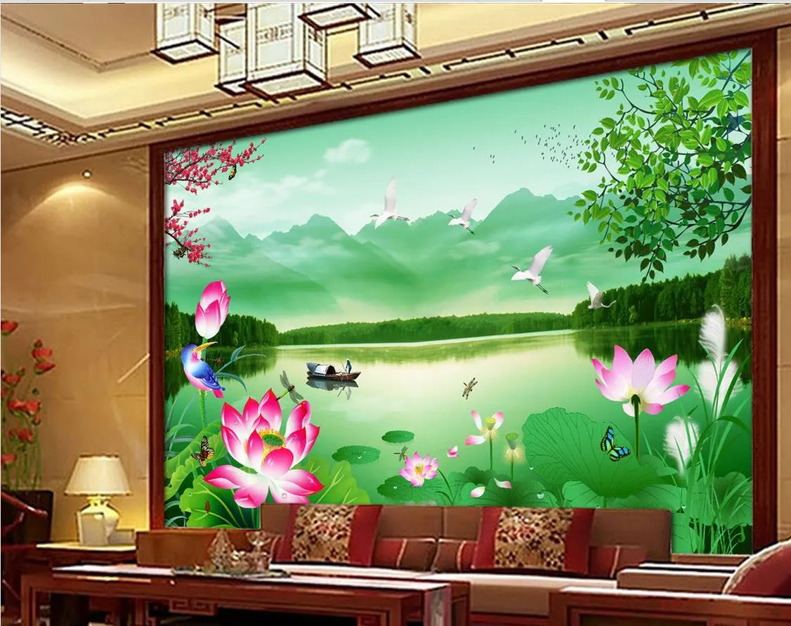 Castle Peak Green Water Lotus Krajobraz Krajobraz Murs Mural 3D Tapeta 3D Papiery ścienne dla tła telewizyjnego