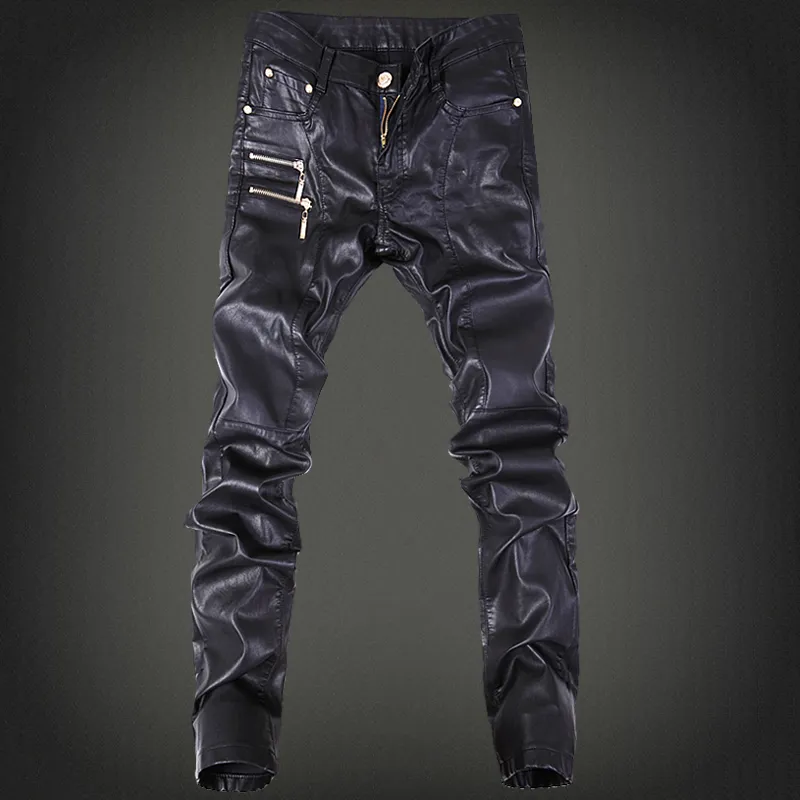 Whole- Winter Motorcycle Mens rock leather pants with zippers Black Faux Tight skenny Plus size 30 31 32 33 34 36 Punk trouser289q