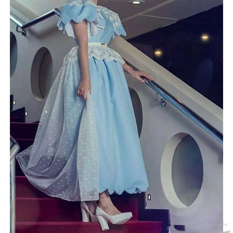 Light Sky Blue Princess Prom Dresses Puff Sleeves Lace Peplum Ball Gown Vintage Evening Gowns Ankle Length Dubai Formal Party Vestidos