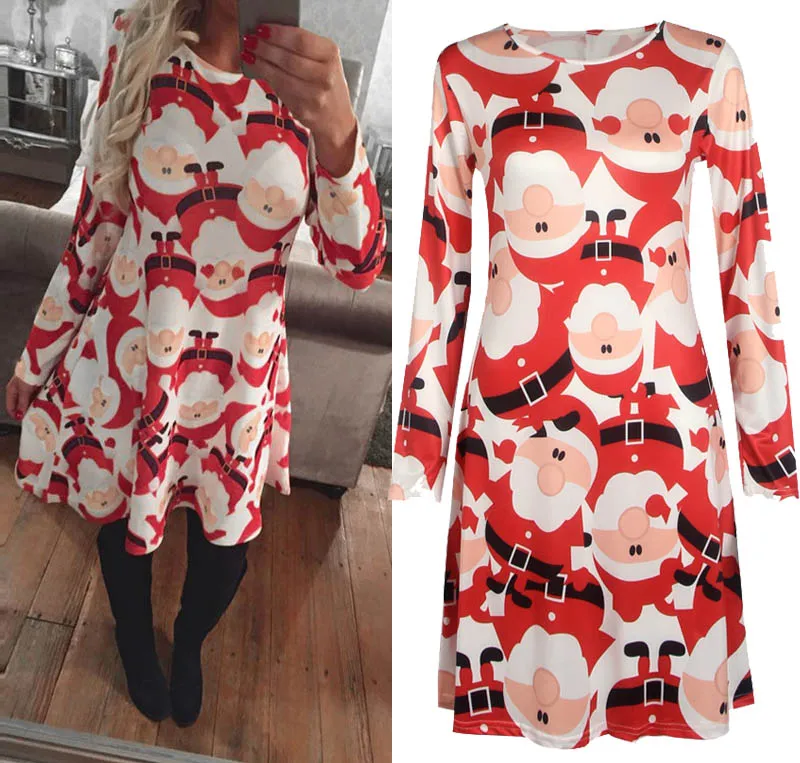 2017 Vinterhöst Julklänning Kvinnor Långärmad Julkostymer Santa Deer Printed Dresses Women Xmas Party Kläder 5XL Storlek 0213