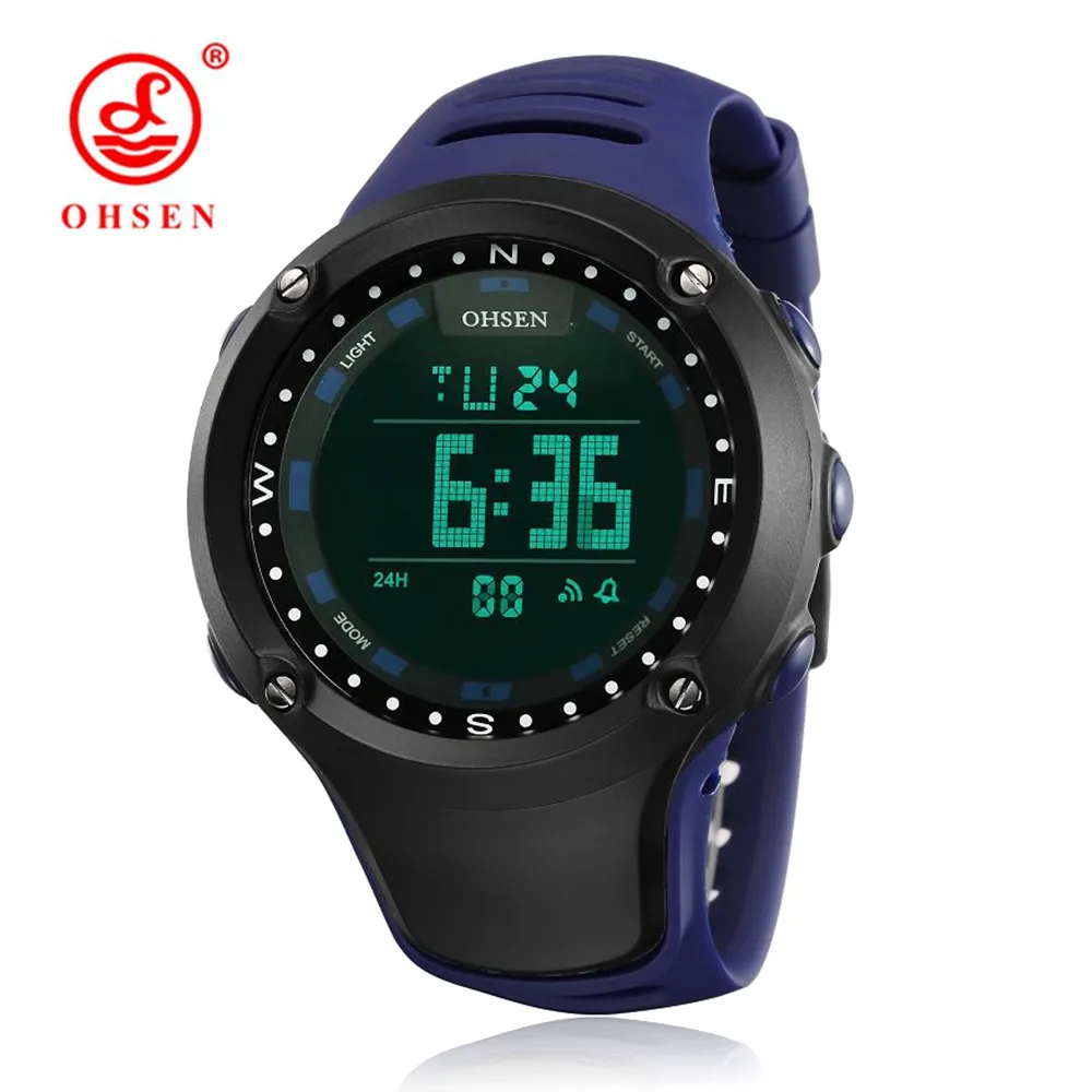 OHSEN Blue Fashion Digital Electronic Mens Watch LCD Wristwatches 50M Waterproof Silicone Band