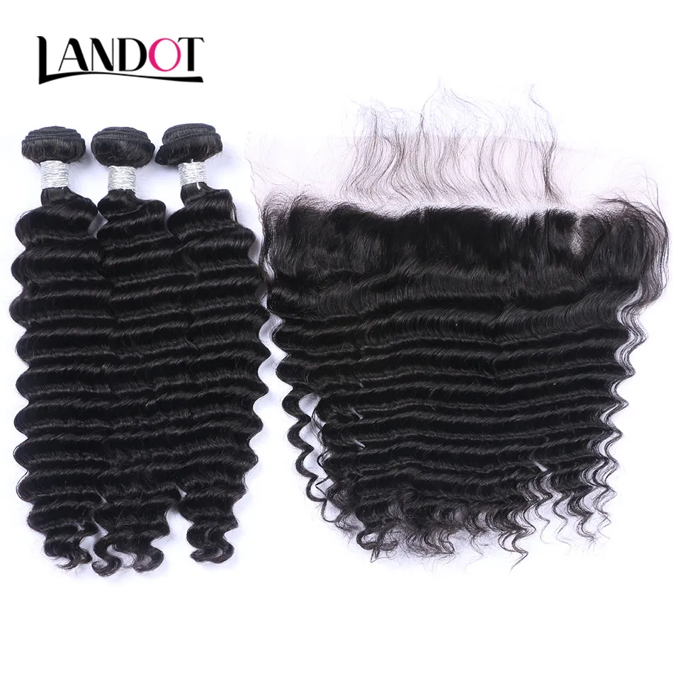 Brazilian Deep Wave Curly Virgin Hair Weaves With Lace Frontal Closure 3 Bundles Peruvian Indian Malaysian Cambodian Human Hair Ad8016287