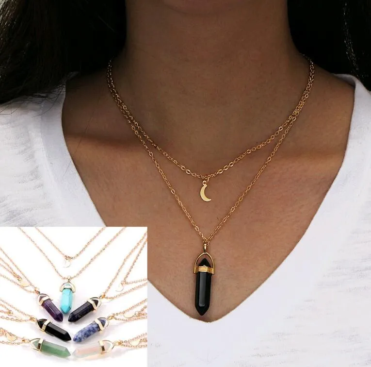 Hexagone Prisme Pierre Naturelle Pendentif Colliers Quartz Point Bullet Chakra Guérison Lune Étoile Lumineux Awl Cristal Christian Bijoux pour femmes