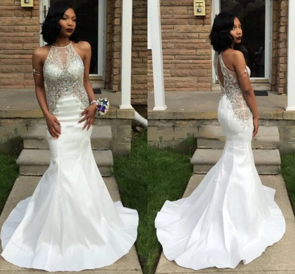 White Mermaid Prom Dresses Jewel Halter Crystal Beading Taffeta Open Back Sparkly African Black Girls Evening Party Dresses 2K17 Vestidos