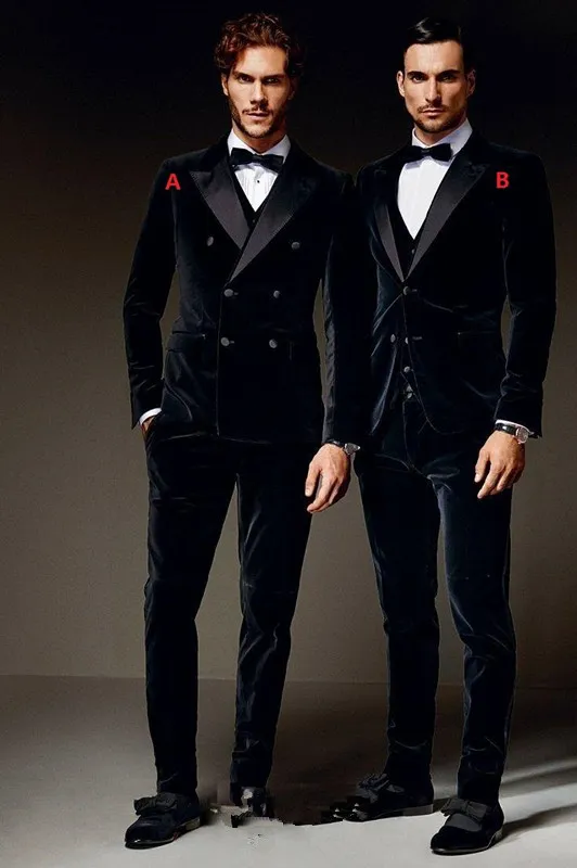 Winter Black Fluwelen Formele Mannen Pakken Twee stijlen Bruidegom Groomsmen Tuxedos Peak Revers Bruiloft Morning Suites (jas + Pants + Vest + Strikje) 2017