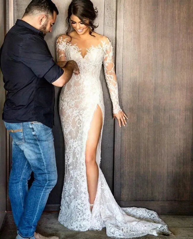 2016 Neue geteilte Spitze Brautkleider von Steven Khalil mit abnehmbarem Rock, durchsichtiger Ausschnitt, lange Ärmel, Etuikleid mit hohem Schlitz, Überröcke, Brautkleid 2017