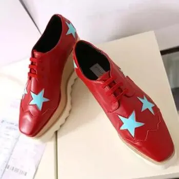 new wholesale Women Pink Stella Mccartney Shoes with Red Stars Genuine Leather White Sole Wedges Platform