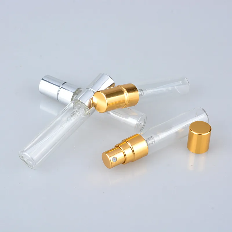 5 ml 10 ml Şeffaf Cam Sprey Şişesi Boş Temizle Doldurulabilir Parfüm Atomizer Altın Gümüş Kap ile Taşınabilir Örnek Cam Vials B706