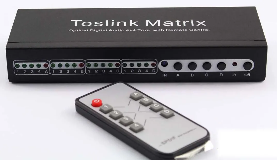 Toslink Matrix Audio Distribution SPDIF/TOSLINK Optical Digital Audio 4x4 True Matrix med fjärrkontroll 4 i 4 Out Toslink Switch Splitter