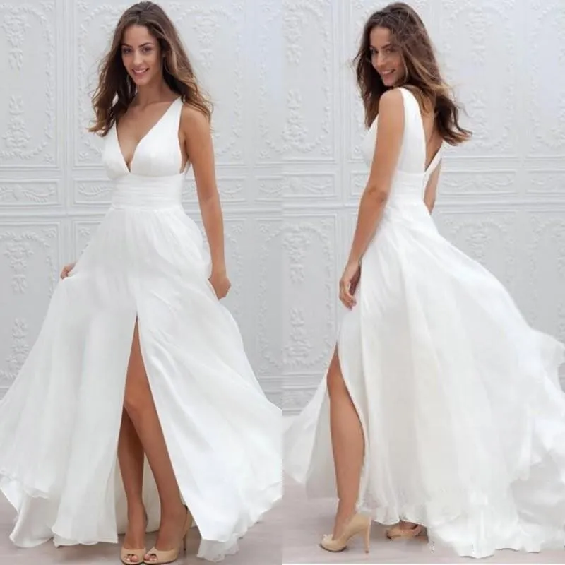 Ny Summer Beach Boho Wedding Dresses A Line Sexy V Neck Split Long Chiffon Bridal Gowns Bohemian 332