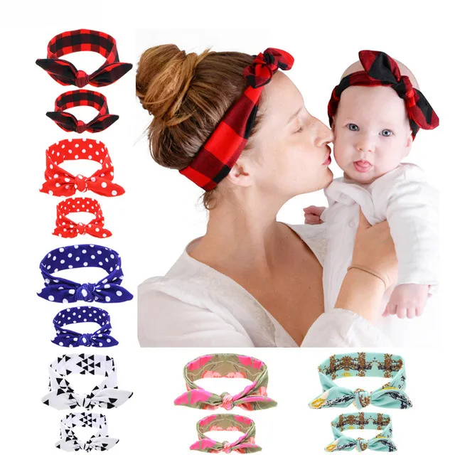 2PC / Set Mom Kid Rabbit Ears Haar-Band-Krawatte Bogen Stirnband-Haar-Knoten-Bogen-Baumwollstirnband-Haar-Zusätze für Frauen